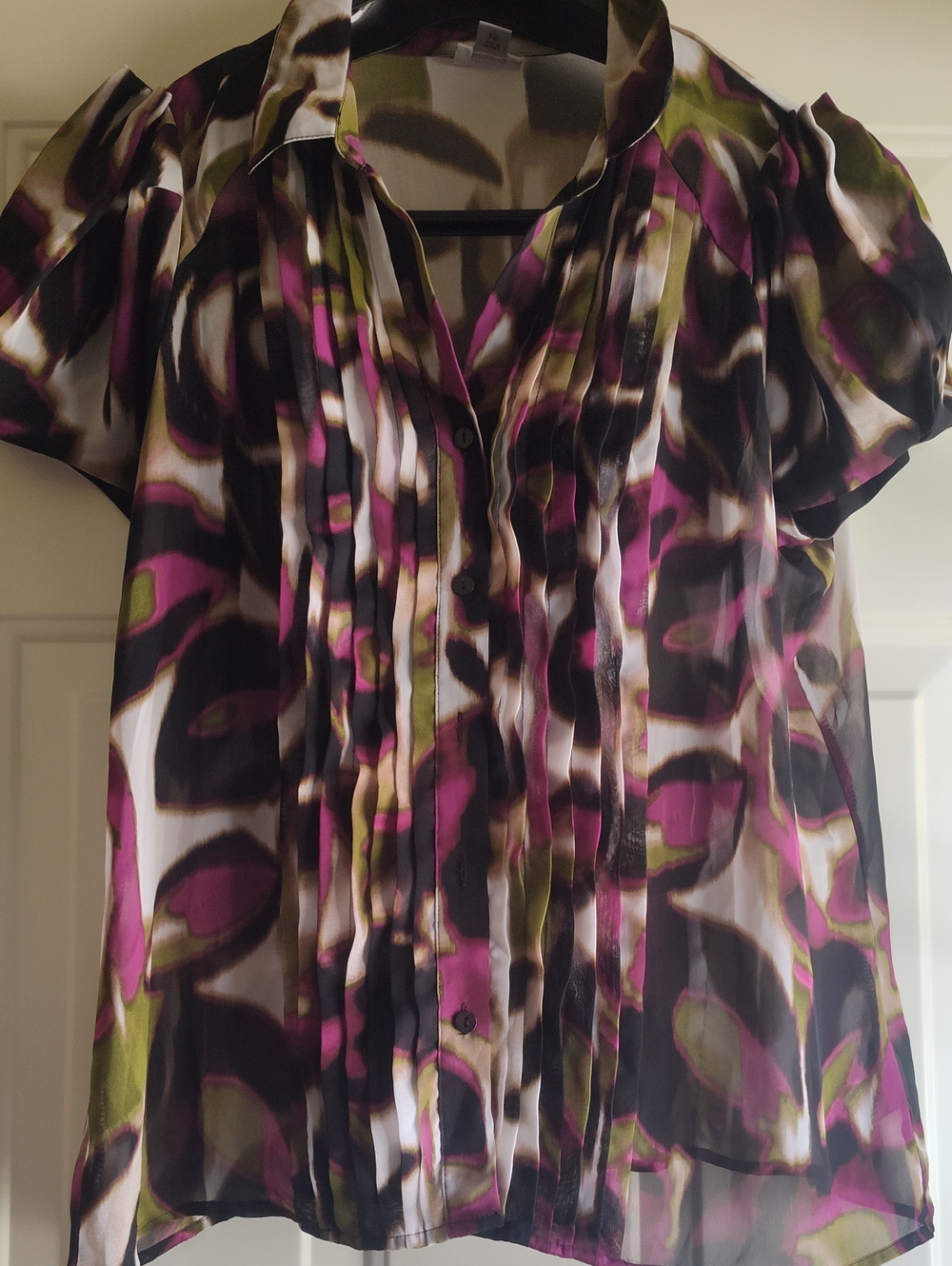 Women's Worthington Semi-sheer Blouse - Purple/Green Print Size XL Bust 42-44'